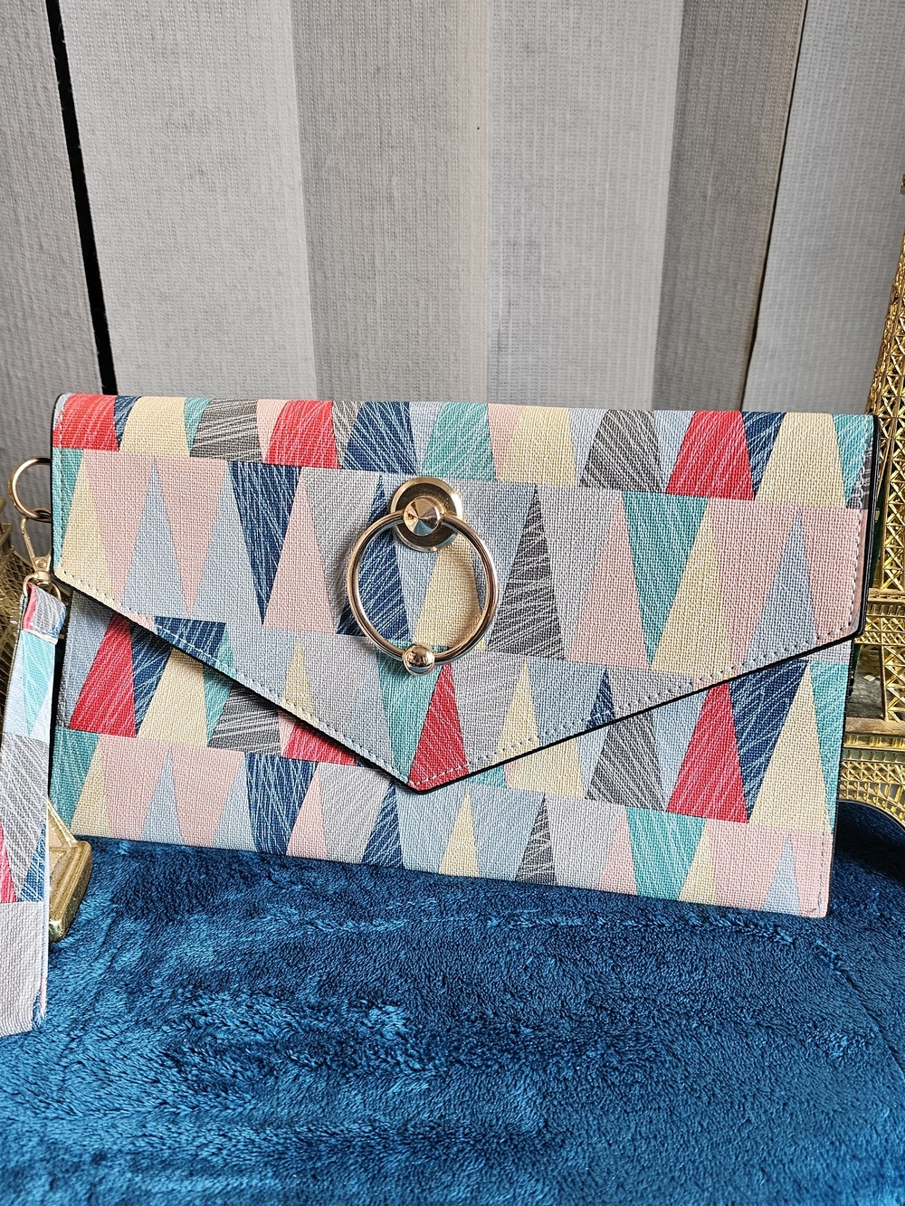 Multicolor Geometric Envelope Clutch Bag with Gold Ring Accent